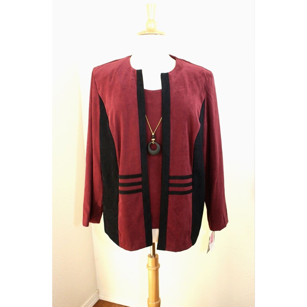 NWT KARI'S PLACE Top / Cardigan Double Front LS Red Black ~ Necklace Plus 20W *